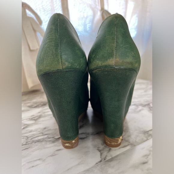 Seychelles Green Leather Peep Toe Platform Wedge - Picture 4 of 7